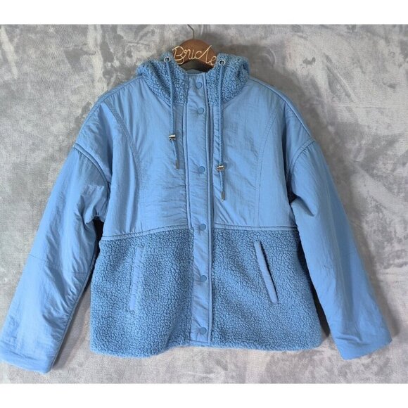 Time and Tru Jackets & Blazers - Time and Tru Mixed Media Snap Sherpa Hooded Jacket Women Juniors Blue L (12-14)
